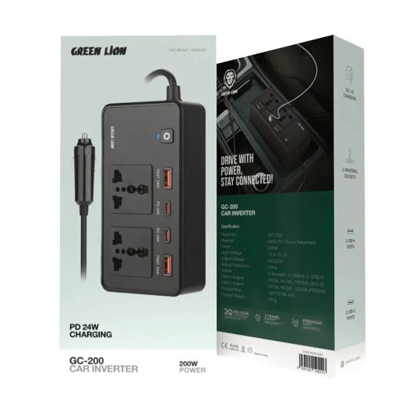 اینورتر و مبدل برق فندکی ماشین 200 وات گرین لاین Green Lion